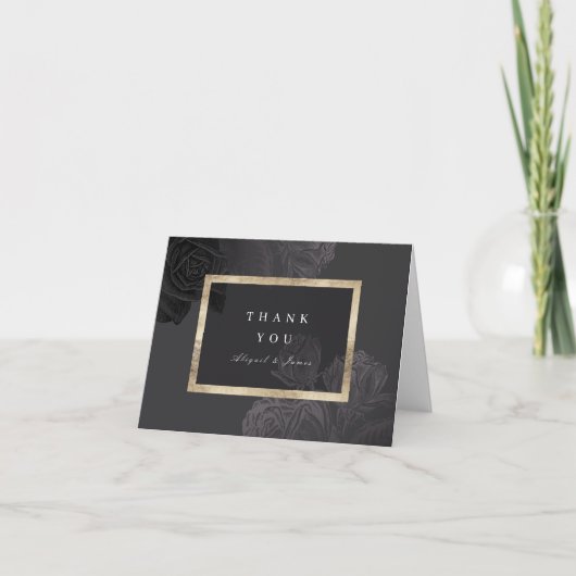 Luxe roos zwart goud botanische bruiloft bedankkaart (Voorkant)