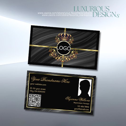 Luxe Royal Black Gold Crown Logo Foto QR Code Visitekaartje