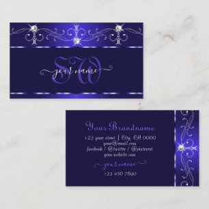 Luxe Royal Blue Squiggles Sparkle Jewels Monogram Visitekaartje