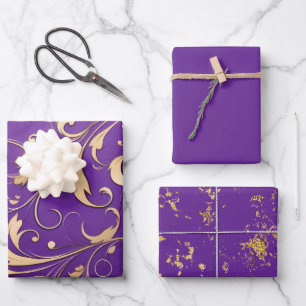 Luxe Royal Paarse en gouden damast patroon Inpakpapier Vel
