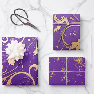 Luxe Royal Paarse en gouden damast patroon Inpakpapier Vel