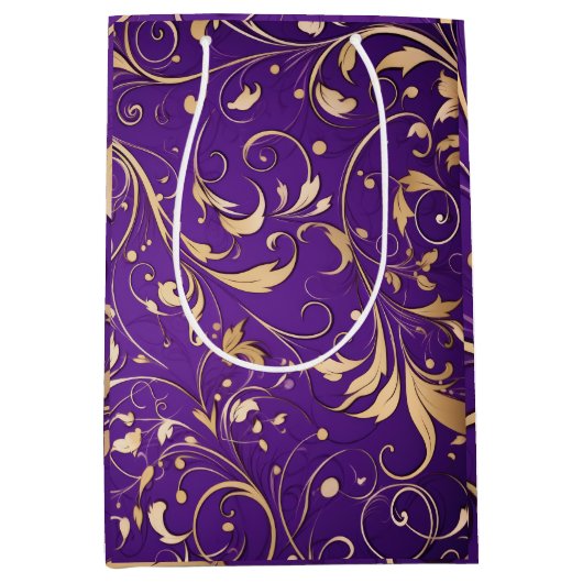 Luxe Royal Paarse en gouden damast patroon Medium Cadeauzakje (Voorkant)