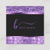Luxe Royal Paarse Glitter Modern Script Monogram Vierkante Visitekaartje (Voorkant)