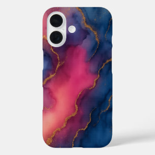 Luxe Roze Blauw Goud Marmeren Telefoonhoes iPhone 16 Hoesje