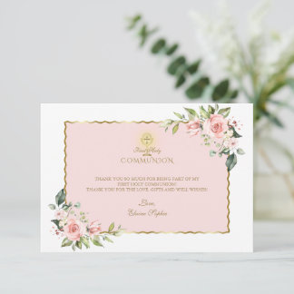 Luxe Roze Bloemen Goud Eerste Heilige Communie Bedankkaart