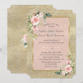 Luxe Roze Bloemen Goud Glitter Bruiloft Kaart (Voorkant / Achterkant)