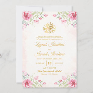 Luxe Roze Bloemen Goud Islamitische Moslim Trouwen Kaart