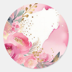Luxe Roze Bloemen Goud Ronde Sticker