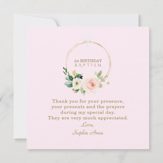 Luxe Roze Blush Bloem 1e Verjaardag en Doop Bedankkaart (Achterkant)