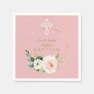 Luxe Roze Blush Bloem Wit Kruis Doop Servet