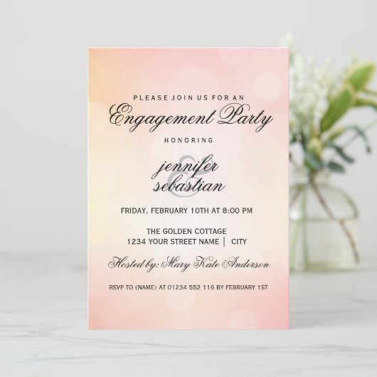 Luxe roze bokeh licht chique verlovingsfeest kaart (Staand voorkant)