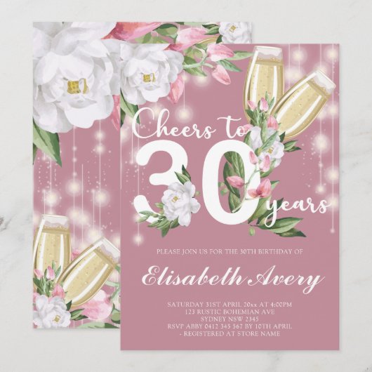 Luxe Roze Champagne Bloemen 30e Verjaardagsfeest Kaart (Voorkant / Achterkant)