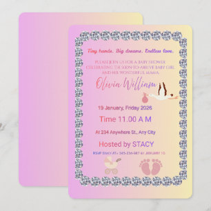Luxe roze en gouden diamanten babyshower uitnodigi kaart