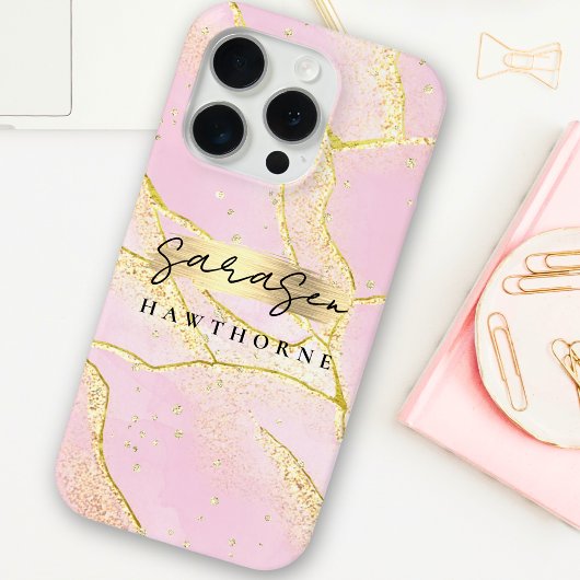 Luxe Roze Faux Gold Folie Monogram Borstel Stroke Case-Mate iPhone Case