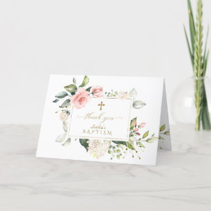 Luxe roze Floral Lijst Marble Gold Cross Baptisme Bedankkaart