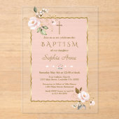 Luxe Roze Goud Bloemen Meisje Doop Acryl Uitnodigingen (Voorkant)