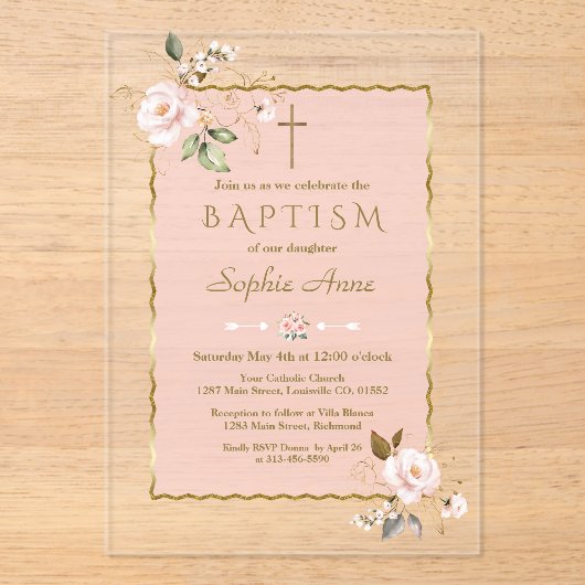 Luxe Roze Goud Bloemen Meisje Doop Acryl Uitnodigingen (Voorkant)