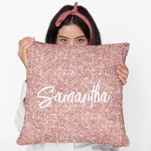 Luxe Roze Goud Glitter Borstel Script Naam Kussen