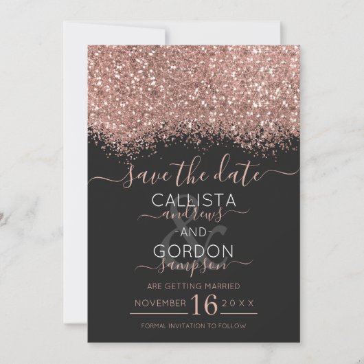 Luxe Roze Goud Zwart Glitters Confetti Bruiloft Save The Date (Voorkant)