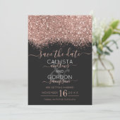 Luxe Roze Goud Zwart Glitters Confetti Bruiloft Save The Date (Staand voorkant)