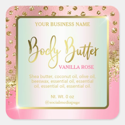 Luxe Roze Gouden Confetti Stippen Body Butter Labe Vierkante Sticker (Voorkant)