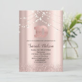 Luxe roze gouden glinster slingerlichten uitnodigi kaart (Staand voorkant)