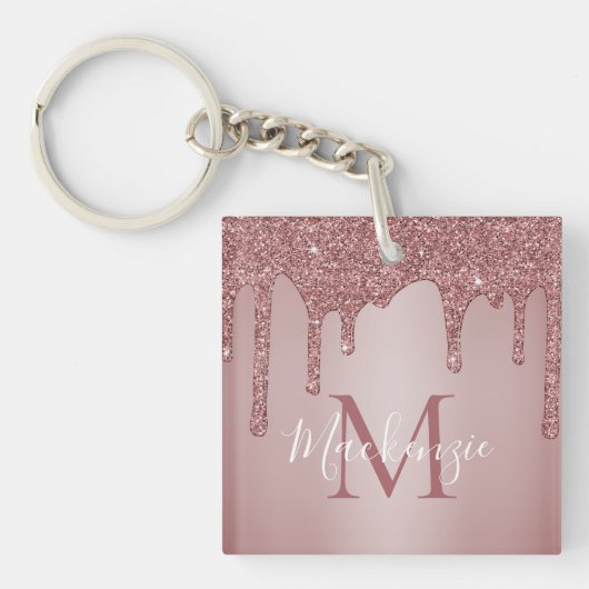 Luxe Roze Gouden Glitter Drips Monogram Sleutelhanger (Voorkant)
