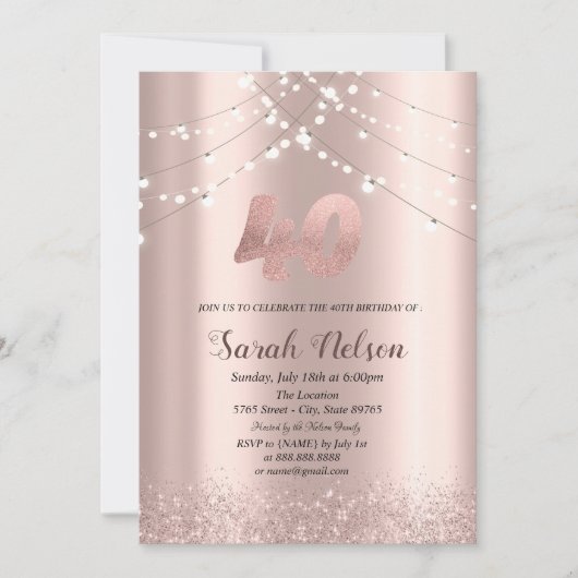 Luxe Roze Gouden Glitter Slingerlichten Uitnodigin Kaart (Voorkant)