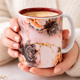 Luxe roze & gouden marmeren koffiemok – zwarte roo tweekleurige koffiemok