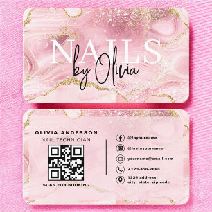 Luxe Roze Marmeren Nagel Tech Merkidentiteit Visitekaartje