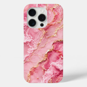 Luxe roze oceaanmarmer met gouden aders iPhone 15 pro case