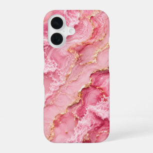 Luxe roze oceaanmarmer met gouden aders iPhone 16 hoesje