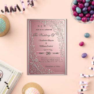Luxe Roze Wit Zilver Chic Bloemige Trouw Acryl Uitnodigingen