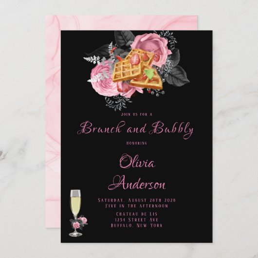 Luxe Roze Zwart Bloem Motief Alcohol Inkten Brunch Kaart (Voorkant / Achterkant)