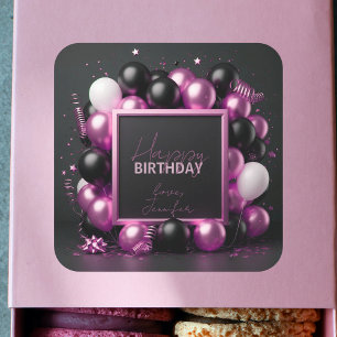 Luxe Roze Zwarte Ballonnen Confetti Verjaardag Vierkante Sticker