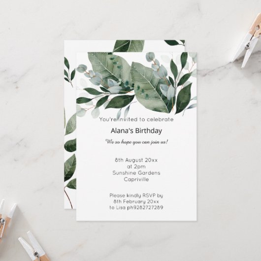 LUXE SAGE BLANC BOTANIQUE INVITATION ANNIVERSAIRE (Devant/Arrière en situation)
