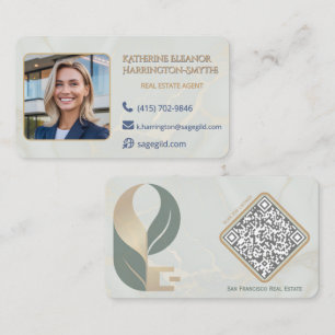 Luxe Salie & Goud Marmer Makelaar Foto QR-ontwerp Visitekaartje