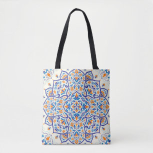 Luxe Sinaasappel Blauw Ornament Patroon Draagtas