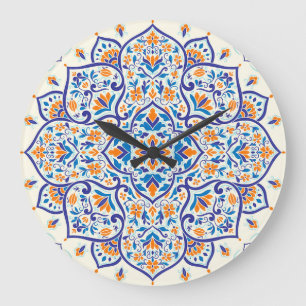 Luxe Sinaasappel Blauw Ornament Patroon Grote Klok