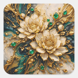 Luxe Smaragd & Goud Sierlijke Lotus Bloemsticker Vierkante Sticker