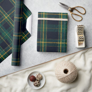 Luxe Smaragd Navy & Goud Tartan | Elegant Cadeaupapier