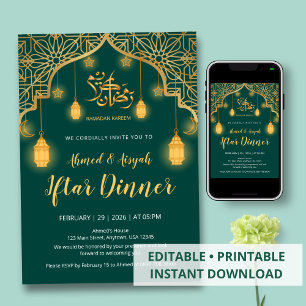 Luxe smaragdgroene en gouden geometrische Iftar Kaart