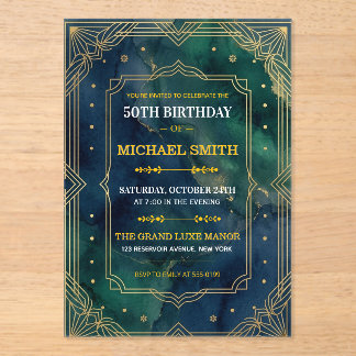 Luxe smaragdgroene gouden Art Deco 50ste verjaarda Acryl Uitnodigingen