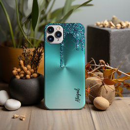Luxe Sparkle Blauwgroen Dripping Glitter gepersona iPhone 13 Pro Max Hoesje