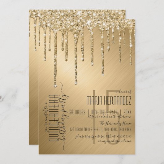 Luxe Sparkly Gold Glitter Drips Quinceañera Kaart (Voorkant / Achterkant)