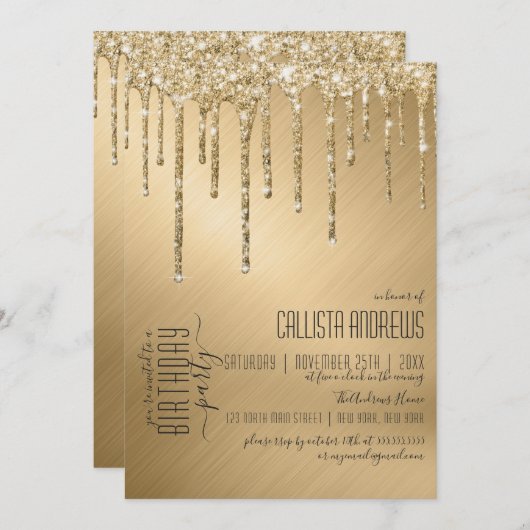 Luxe Sparkly Gold Glitter Drips Verjaardagsfeest Kaart (Voorkant / Achterkant)