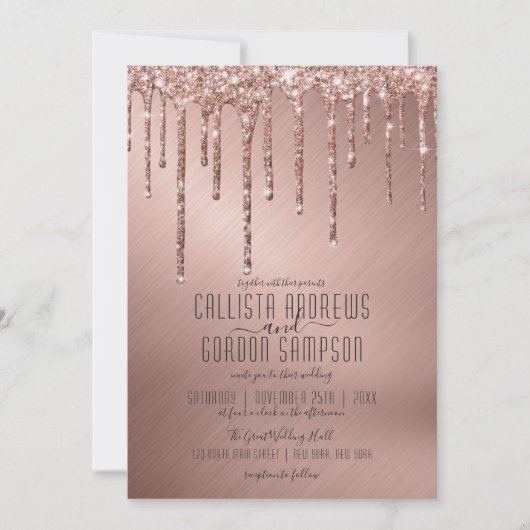 Luxe Sparkly Roos Gold Glitter Drips Wedding Kaart (Voorkant)