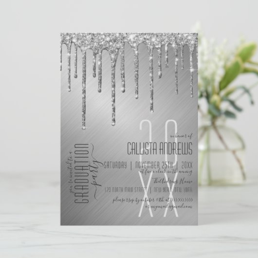 Luxe Sparkly Silver Glitter Drips Afstuderen Kaart (Staand voorkant)