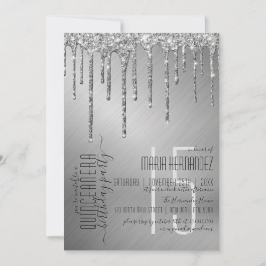 Luxe Sparkly Silver Glitter Drips Quinceañera Kaart (Voorkant)