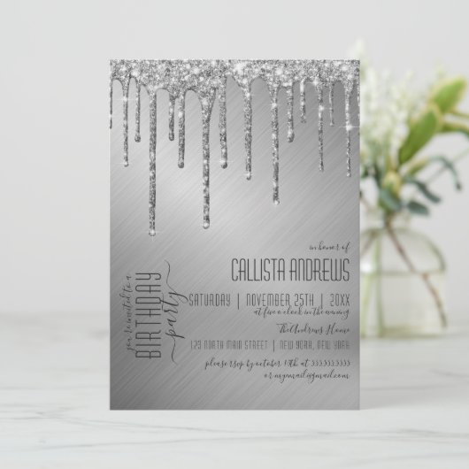 Luxe Sparkly Silver Glitter Drips Verjaardagsfeest Kaart (Staand voorkant)